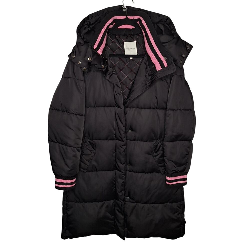 Avec Les Filles Midi Puffer Coat Medium Long Hooded Black and Pink Alt Goth Warm